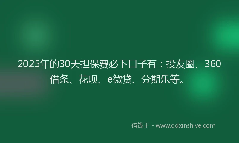 2025年的30天担保费必下口子有：投友圈、360借条、花呗、e微贷、分期乐等。