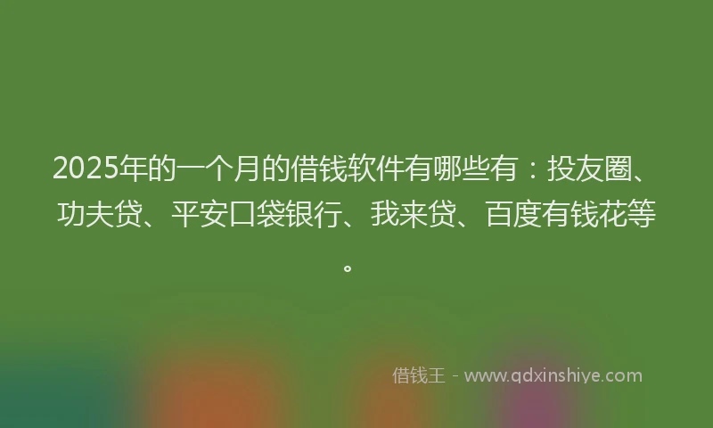 2025年的一个月的借钱软件有哪些有：投友圈、功夫贷、平安口袋银行、我来贷、百度有钱花等。