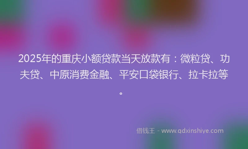 2025年的重庆小额贷款当天放款有：微粒贷、功夫贷、中原消费金融、平安口袋银行、拉卡拉等。