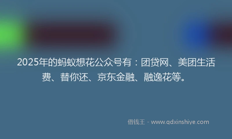 2025年的蚂蚁想花公众号有：团贷网、美团生活费、替你还、京东金融、融逸花等。