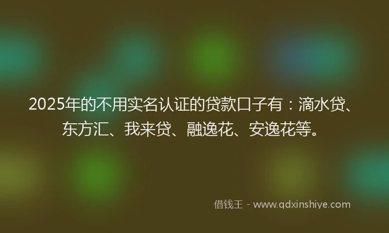 2025年的不用实名认证的贷款口子有：滴水贷、东方汇、我来贷、融逸花、安逸花等。