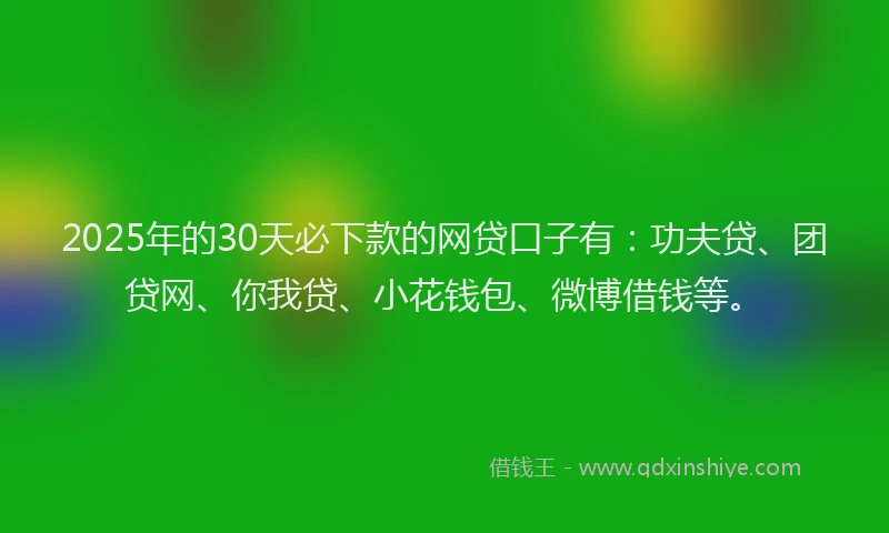 2025年的30天必下款的网贷口子有：功夫贷、团贷网、你我贷、小花钱包、微博借钱等。