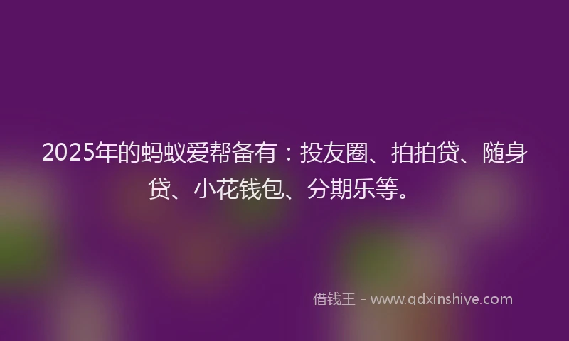 2025年的蚂蚁爱帮备有：投友圈、拍拍贷、随身贷、小花钱包、分期乐等。