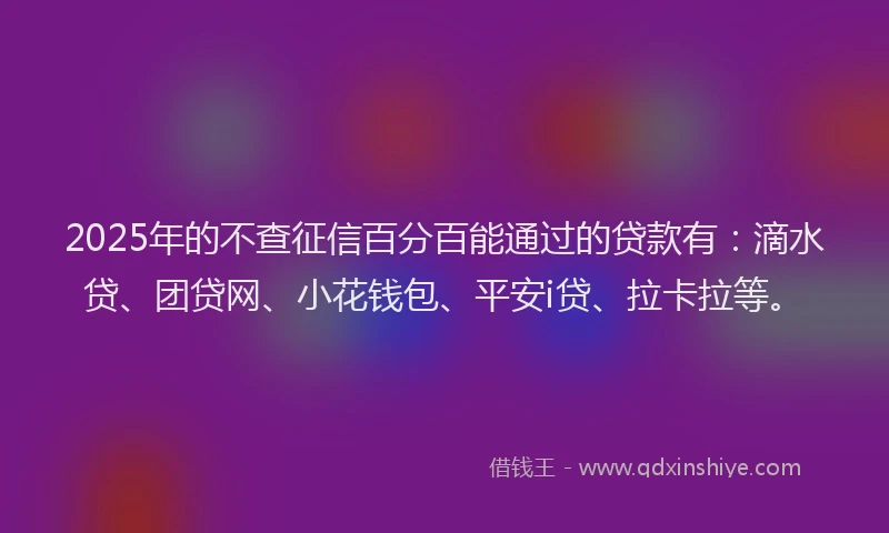 2025年的不查征信百分百能通过的贷款有：滴水贷、团贷网、小花钱包、平安i贷、拉卡拉等。