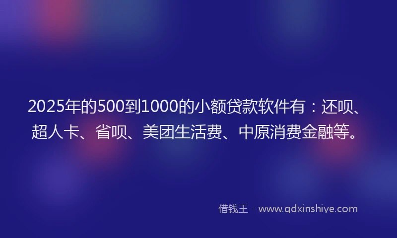 2025年的500到1000的小额贷款软件有：还呗、超人卡、省呗、美团生活费、中原消费金融等。