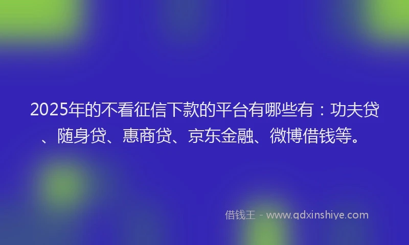 2025年的不看征信下款的平台有哪些有：功夫贷、随身贷、惠商贷、京东金融、微博借钱等。