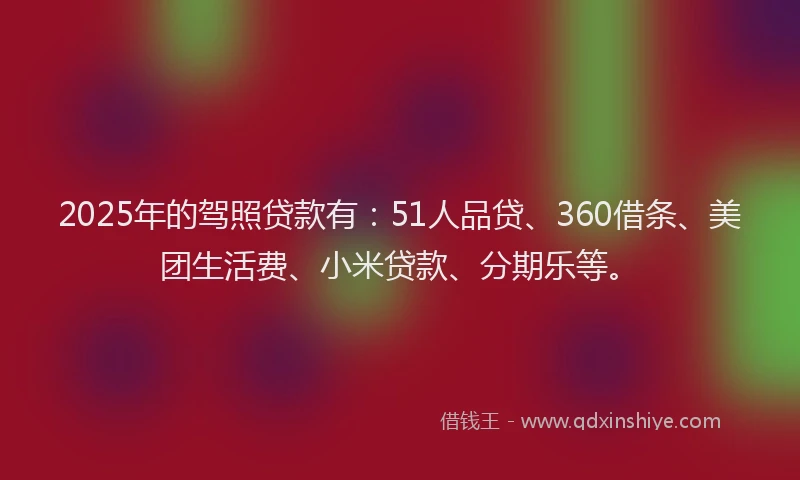 2025年的驾照贷款有：51人品贷、360借条、美团生活费、小米贷款、分期乐等。