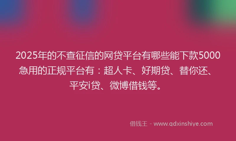 2025年的不查征信的网贷平台有哪些能下款5000急用的正规平台有：超人卡、好期贷、替你还、平安i贷、微博借钱等。