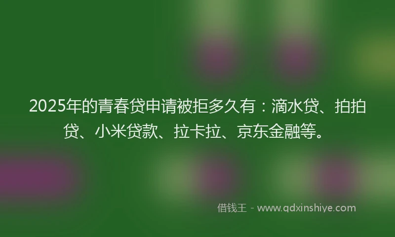 2025年的青春贷申请被拒多久有:滴水贷、拍拍贷、小米贷款、拉卡拉、京东金融等。