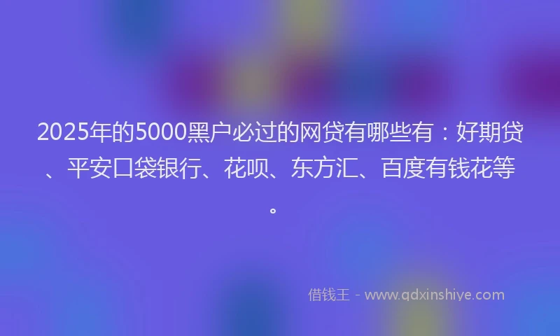 2025年的5000黑户必过的网贷有哪些有：好期贷、平安口袋银行、花呗、东方汇、百度有钱花等。