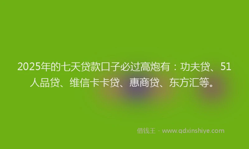 2025年的七天贷款口子必过高炮有：功夫贷、51人品贷、维信卡卡贷、惠商贷、东方汇等。
