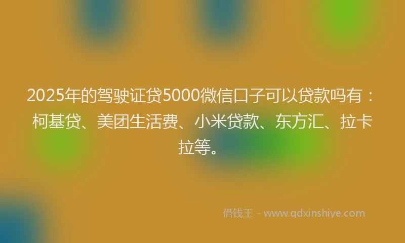 2025年的驾驶证贷5000微信口子可以贷款吗有：柯基贷、美团生活费、小米贷款、东方汇、拉卡拉等。