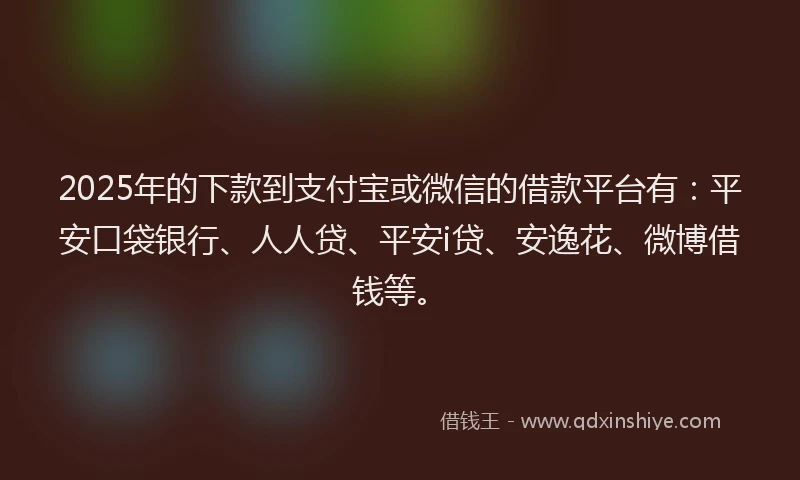 2025年的下款到支付宝或微信的借款平台有：平安口袋银行、人人贷、平安i贷、安逸花、微博借钱等。
