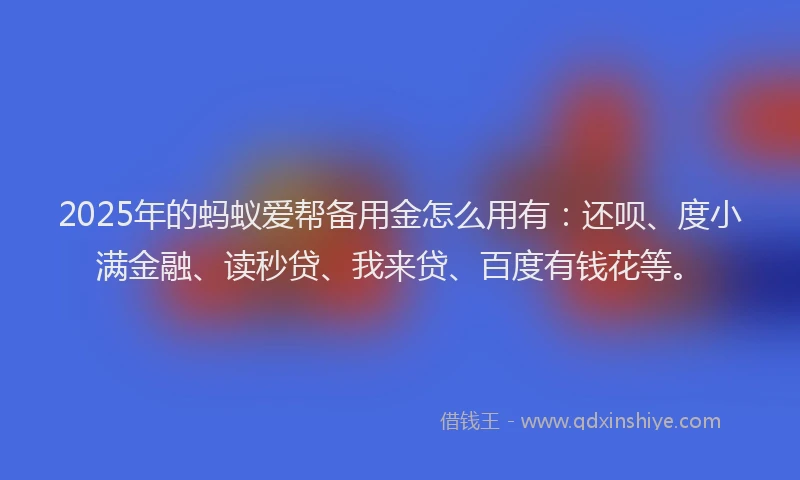 2025年的蚂蚁爱帮备用金怎么用有：还呗、度小满金融、读秒贷、我来贷、百度有钱花等。