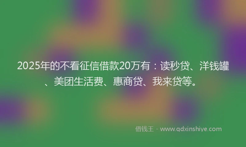 2025年的不看征信借款20万有：读秒贷、洋钱罐、美团生活费、惠商贷、我来贷等。