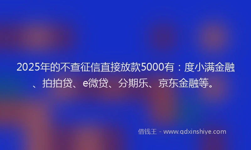 2025年的不查征信直接放款5000有：度小满金融、拍拍贷、e微贷、分期乐、京东金融等。