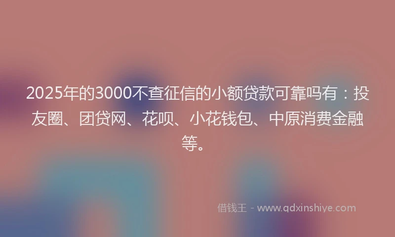 2025年的3000不查征信的小额贷款可靠吗有：投友圈、团贷网、花呗、小花钱包、中原消费金融等。