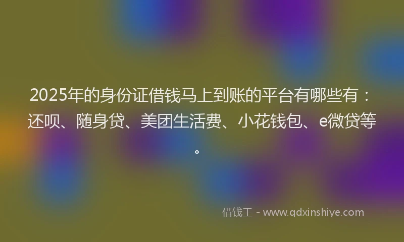 2025年的身份证借钱马上到账的平台有哪些有：还呗、随身贷、美团生活费、小花钱包、e微贷等。