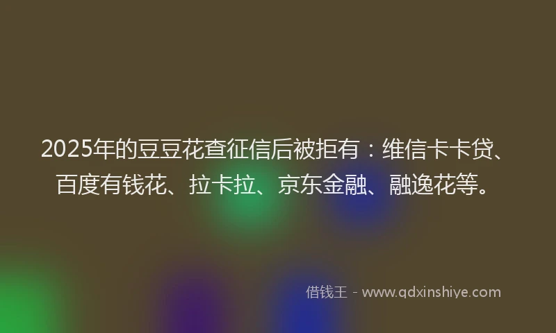 2025年的豆豆花查征信后被拒有：维信卡卡贷、百度有钱花、拉卡拉、京东金融、融逸花等。