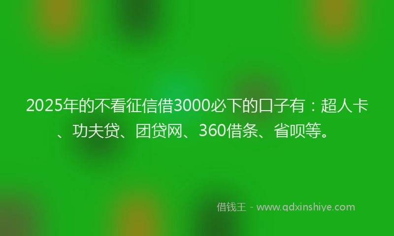 2025年的不看征信借3000必下的口子有：超人卡、功夫贷、团贷网、360借条、省呗等。