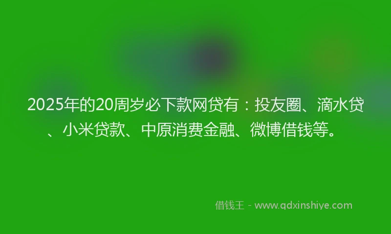 2025年的20周岁必下款网贷有：投友圈、滴水贷、小米贷款、中原消费金融、微博借钱等。