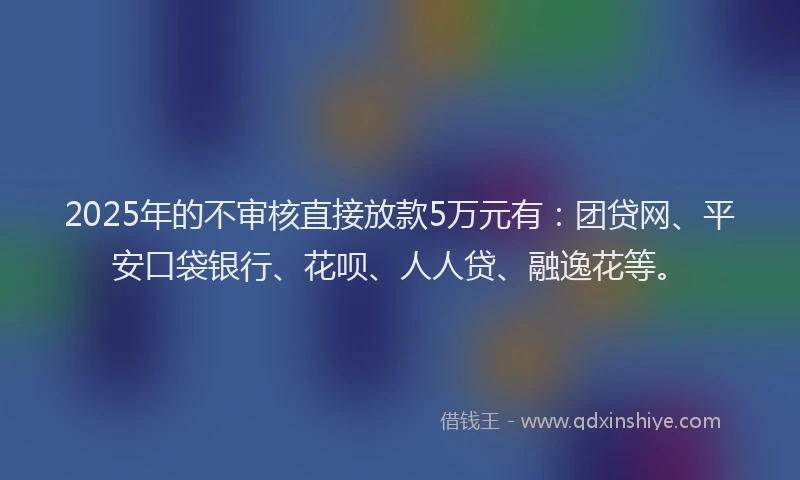 2025年的不审核直接放款5万元有：团贷网、平安口袋银行、花呗、人人贷、融逸花等。