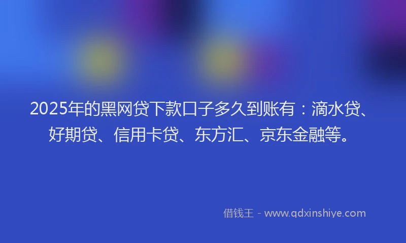 2025年的黑网贷下款口子多久到账有：滴水贷、好期贷、信用卡贷、东方汇、京东金融等。