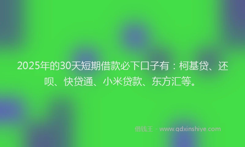 2025年的30天短期借款必下口子有：柯基贷、还呗、快贷通、小米贷款、东方汇等。