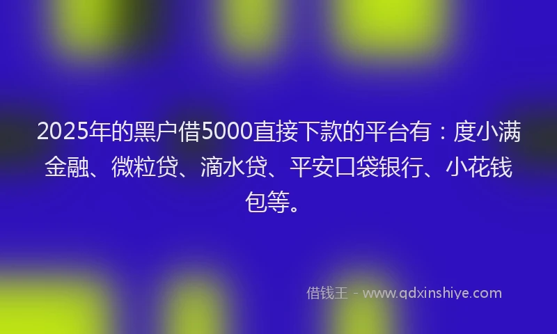 2025年的黑户借5000直接下款的平台有：度小满金融、微粒贷、滴水贷、平安口袋银行、小花钱包等。