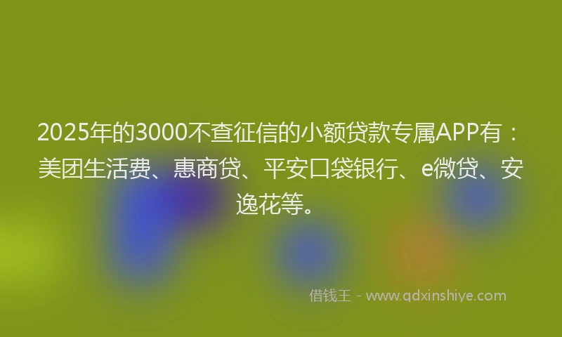 2025年的3000不查征信的小额贷款专属APP有：美团生活费、惠商贷、平安口袋银行、e微贷、安逸花等。