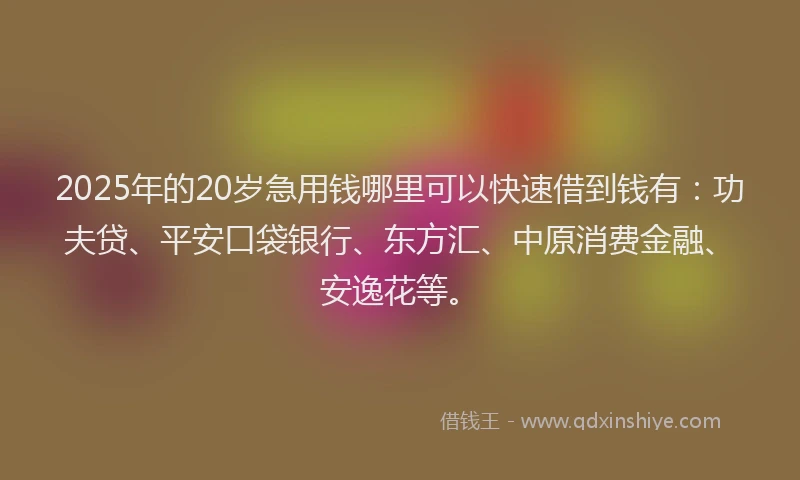 2025年的20岁急用钱哪里可以快速借到钱有：功夫贷、平安口袋银行、东方汇、中原消费金融、安逸花等。