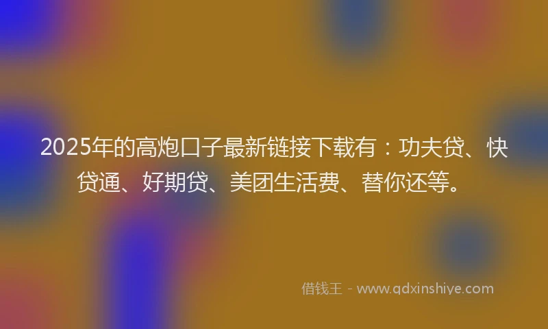 2025年的高炮口子最新链接下载有：功夫贷、快贷通、好期贷、美团生活费、替你还等。
