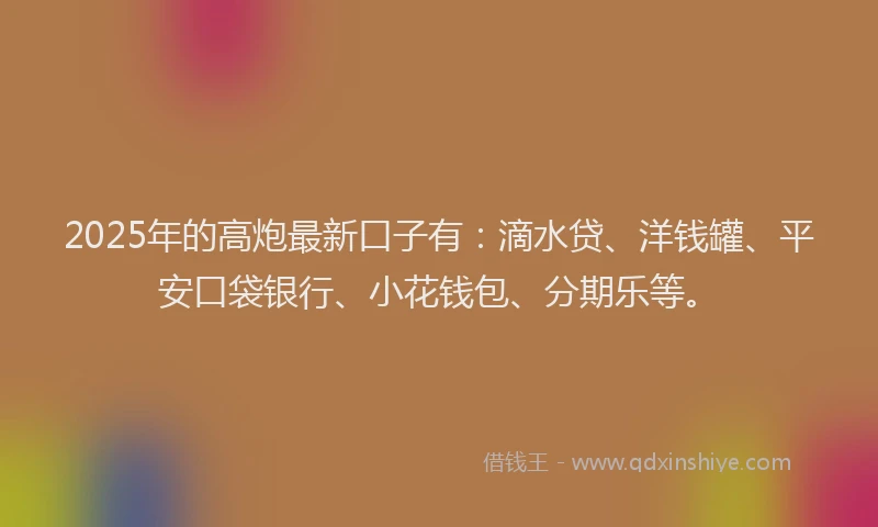 2025年的高炮最新口子有：滴水贷、洋钱罐、平安口袋银行、小花钱包、分期乐等。