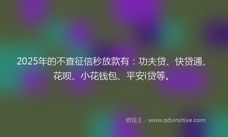 2025年的不查征信秒放款有：功夫贷、快贷通、花呗、小花钱包、平安i贷等。