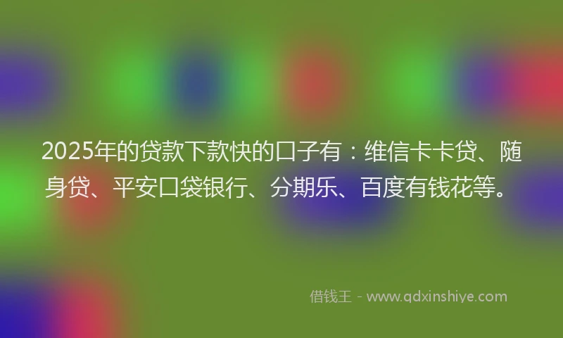 2025年的贷款下款快的口子有：维信卡卡贷、随身贷、平安口袋银行、分期乐、百度有钱花等。