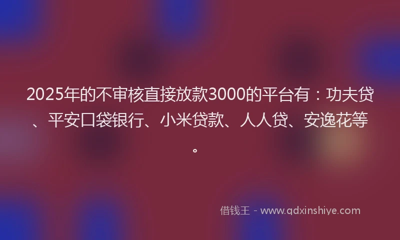 2025年的不审核直接放款3000的平台有：功夫贷、平安口袋银行、小米贷款、人人贷、安逸花等。