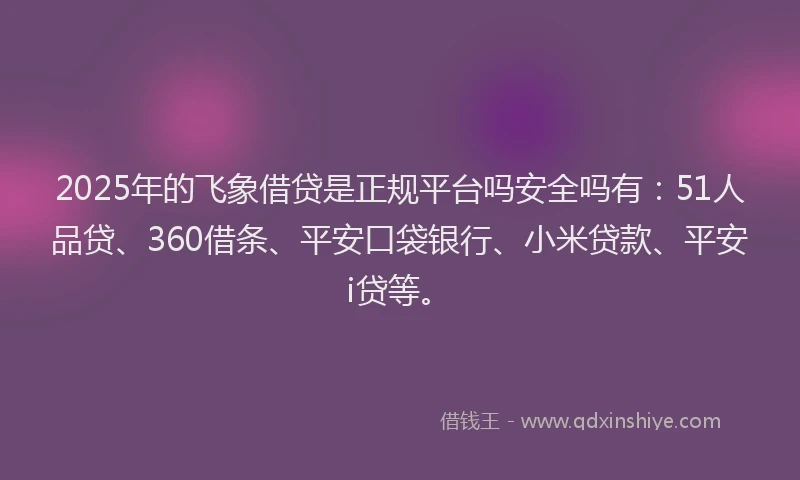 2025年的飞象借贷是正规平台吗安全吗有：51人品贷、360借条、平安口袋银行、小米贷款、平安i贷等。