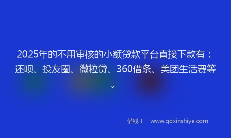 2025年的不用审核的小额贷款平台直接下款有：还呗、投友圈、微粒贷、360借条、美团生活费等。