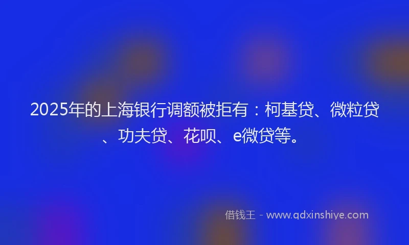 2025年的上海银行调额被拒有：柯基贷、微粒贷、功夫贷、花呗、e微贷等。