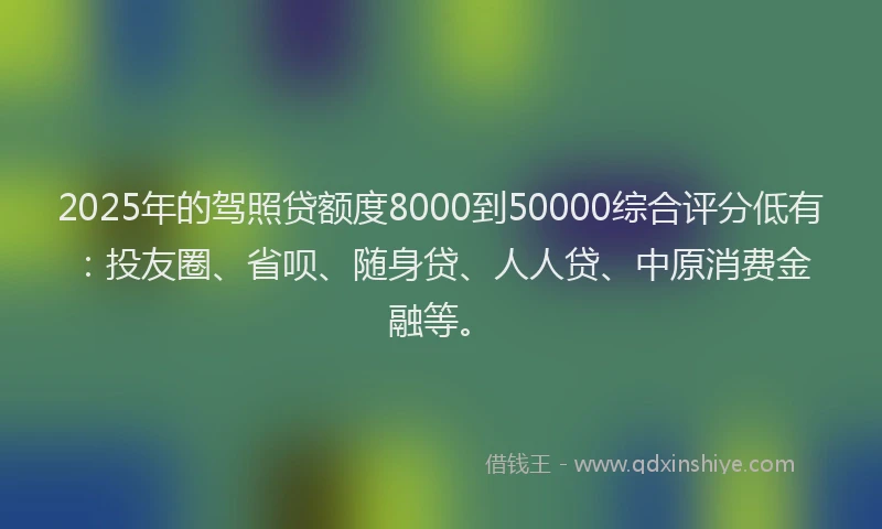 2025年的驾照贷额度8000到50000综合评分低有：投友圈、省呗、随身贷、人人贷、中原消费金融等。
