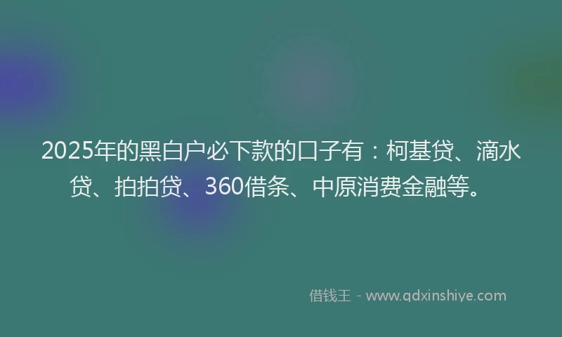 2025年的黑白户必下款的口子有：柯基贷、滴水贷、拍拍贷、360借条、中原消费金融等。