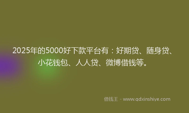 2025年的5000好下款平台有：好期贷、随身贷、小花钱包、人人贷、微博借钱等。