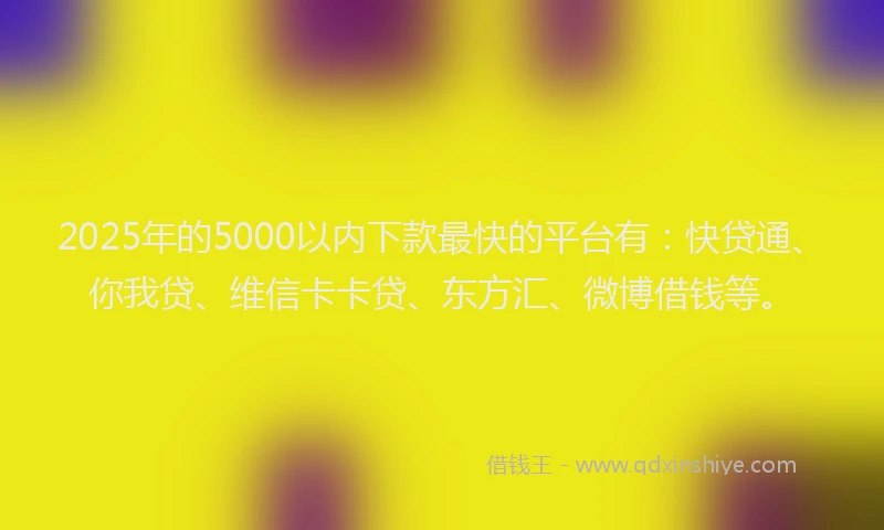 2025年的5000以内下款最快的平台有：快贷通、你我贷、维信卡卡贷、东方汇、微博借钱等。