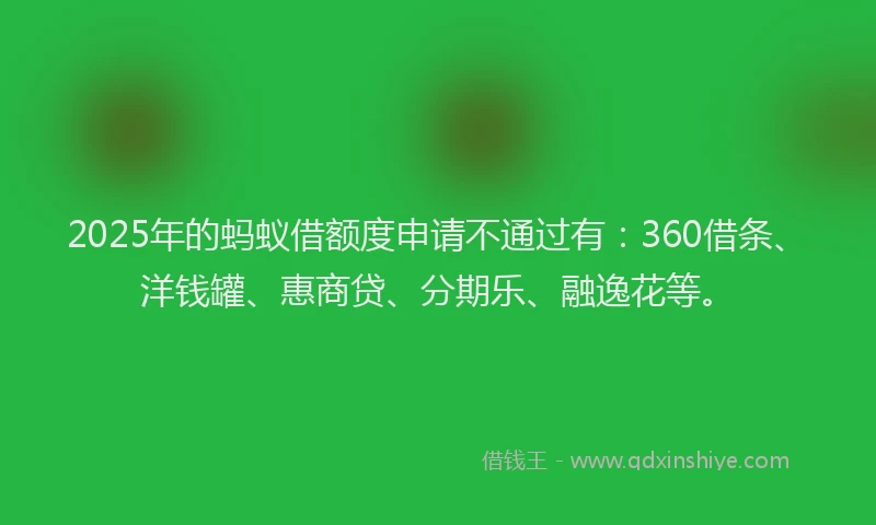 2025年的蚂蚁借额度申请不通过有：360借条、洋钱罐、惠商贷、分期乐、融逸花等。