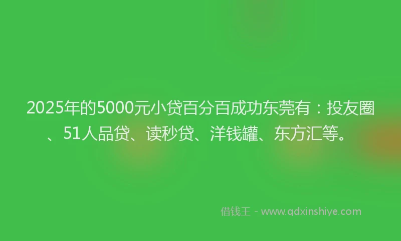 2025年的5000元小贷百分百成功东莞有：投友圈、51人品贷、读秒贷、洋钱罐、东方汇等。
