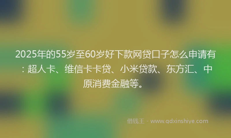 2025年的55岁至60岁好下款网贷口子怎么申请有：超人卡、维信卡卡贷、小米贷款、东方汇、中原消费金融等。