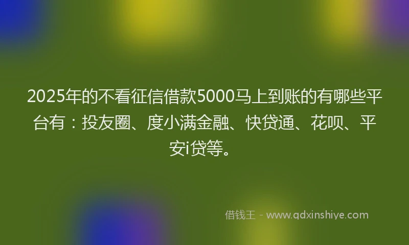 2025年的不看征信借款5000马上到账的有哪些平台有：投友圈、度小满金融、快贷通、花呗、平安i贷等。