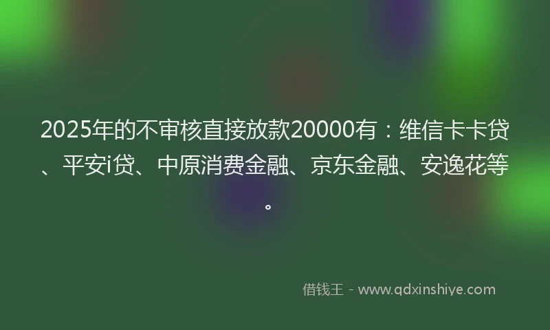 2025年的不审核直接放款20000有：维信卡卡贷、平安i贷、中原消费金融、京东金融、安逸花等。