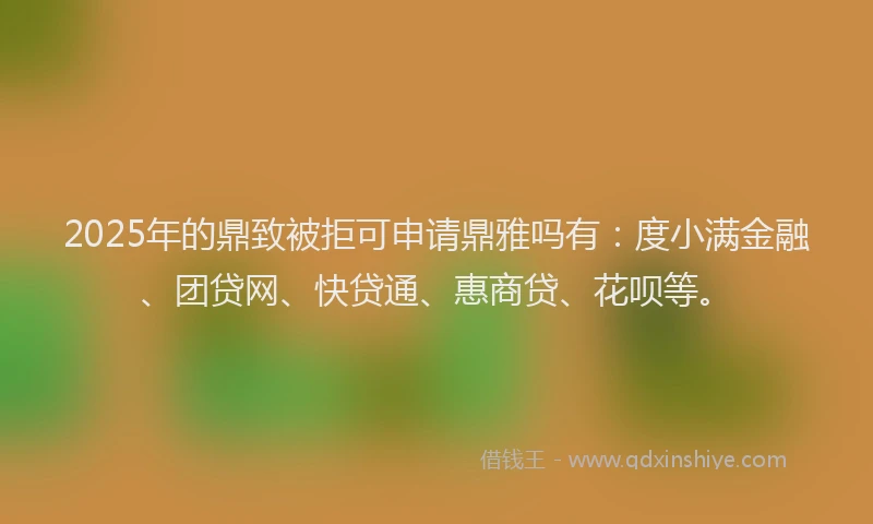 2025年的鼎致被拒可申请鼎雅吗有：度小满金融、团贷网、快贷通、惠商贷、花呗等。
