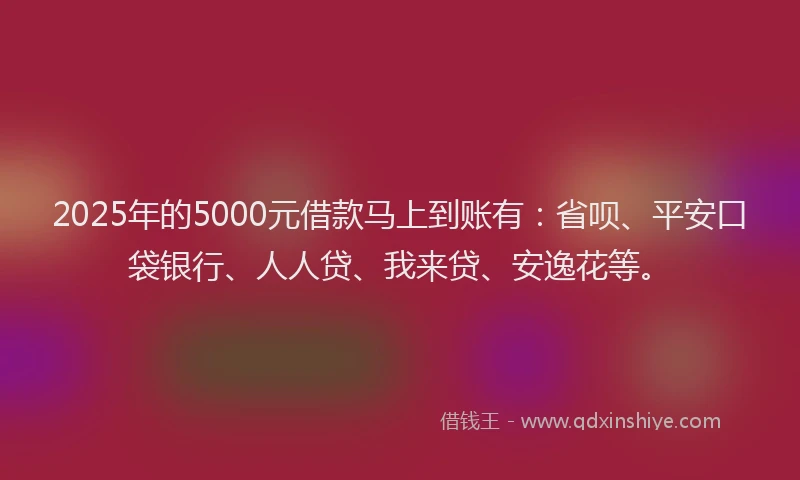 2025年的5000元借款马上到账有：省呗、平安口袋银行、人人贷、我来贷、安逸花等。